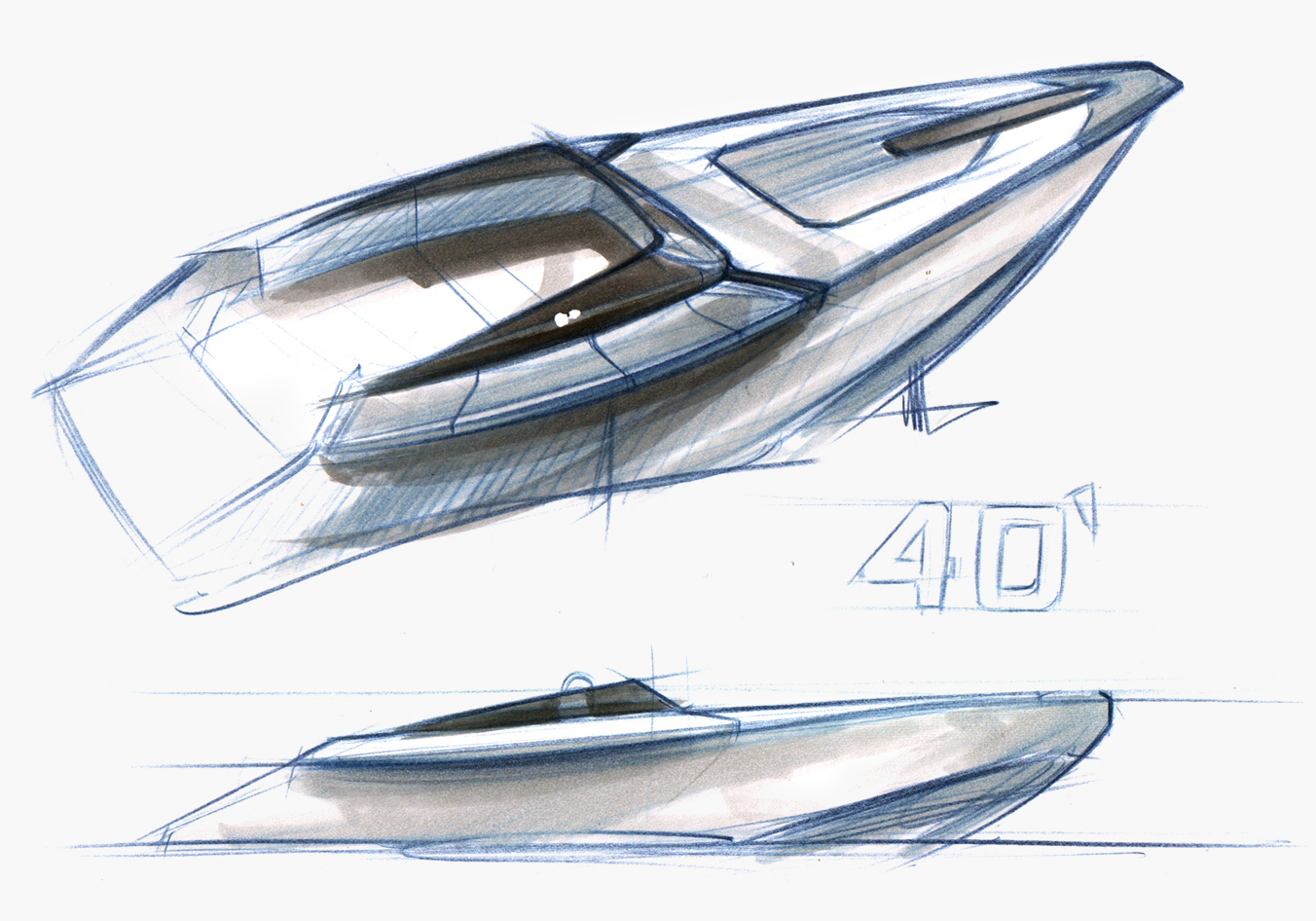 Yacht design - 40 Feet - Power boat - Concept sketch1a - Davide Mezzasalma - Furniture design - Berlin